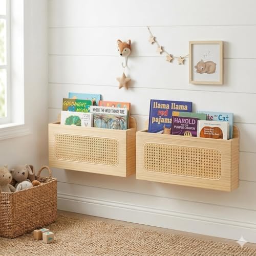 Rustic Wall Mounted Magazine Rack - Solid Wood Mail Holder with Natural Rattan Weave, Boho Floating File Organizer & Vinyl Record Display Shelf, Decorative Letter Holder for Entryway, Office (1 Pack) - Image 3
