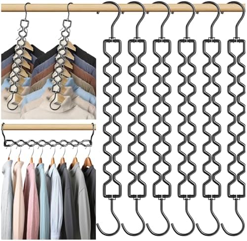 Space Saving Hangers for Clothes 6 Pack, Sturdy Metal Hangers Heavy Duty | Magic Clothes Space Saver Hanger Organizer with 360° Swivel Hook, Closet Organizers and Storage Dorm Room Essentials Black by Besslly