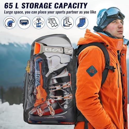 Ski Boot Bag, 65L Durable Travel Backpack, 1680D Nylon Waterproof Snowboard Boot Bag, Skiing and Snowboarding Travel Luggage for Helmet, Goggles, Gloves, Outerwear & Accessories - Image 2