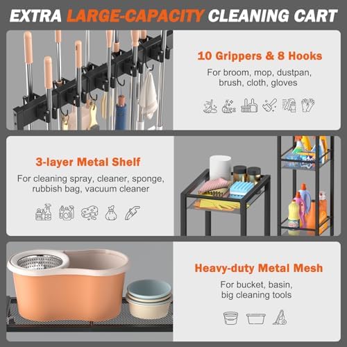 Broom Holder with Cleaning Supplies Organizer, Broom Closet Storage Cabinet with Cleaning Caddy, Cleaning Cart with Mop Hanger Gripper Rack Hooks,Janitorial Housekeeping cart,Laundry Room Organization - Image 4