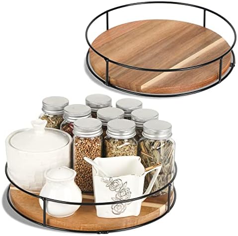 [ 2 Pack ] 9" & 10" Acacia Wood Lazy Susan Organizers with Steel Sides by TOMOAZA