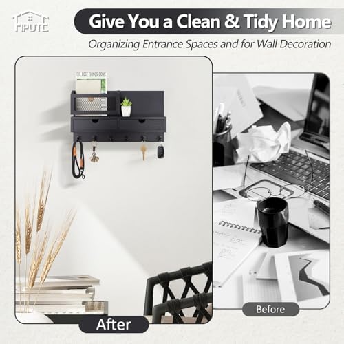 Key Holder for Wall, Key and Mail Holder for Wall with Storage Drawer, Entryway Rustic Home Decor, 3 Liquid Chalks & Chalkboard, 15.98”W x 9.1”H x 3.3”D, Black - Image 3