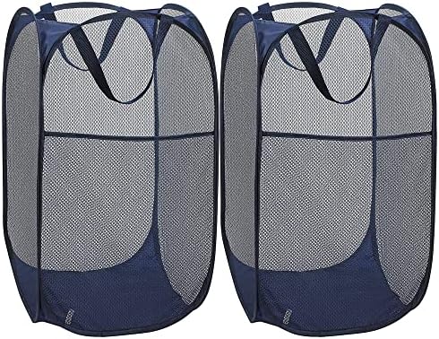 BATTOO Deluxe Strong Mesh Pop up Laundry Hamper Basket with Side Pocket Foldable Hamper for Laundry Room, Bathroom, Kids Room, College Dorm or Travel Navy + Navy by BATTOO