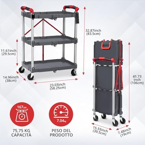 Takywep 3-Tier Foldable Utility Cart, Heavy Duty Collapsible Service Cart with 360° Swivel Wheels, Rolling Storage Trolley for Kitchen Garage Office - Grey - Image 4