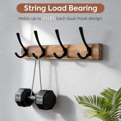 Yangbaga Coat Rack Wall Mount,Acacia Wood Coat Hooks Wall Mount,15" Wall Coat Rack with Heavy Duty 4-Double-Hooks,Hat Rack Wall Coat Hanger for Towel/Dog’s Leashes/Coat/Bag - Image 4