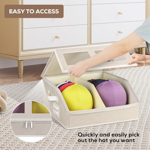 Hat Storage for Baseball Caps-Holds Up to 24 Caps, Hat Organizer for Closet Stackable Hat Box with Cardboard, Dustproof Baseball Cap Organizer with 2 Handles for Home Travel (Beige, 1 Pack) - Image 5