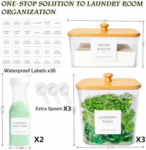 4+2 Pack Laundry Pods Containers & Dryer Sheet Holder & Laundry Detergent Dispenser, Laundry Room Organization and Storage Jars with Lids, Labels and Scoops for Scent Booster, Powder, Pods - Image 3