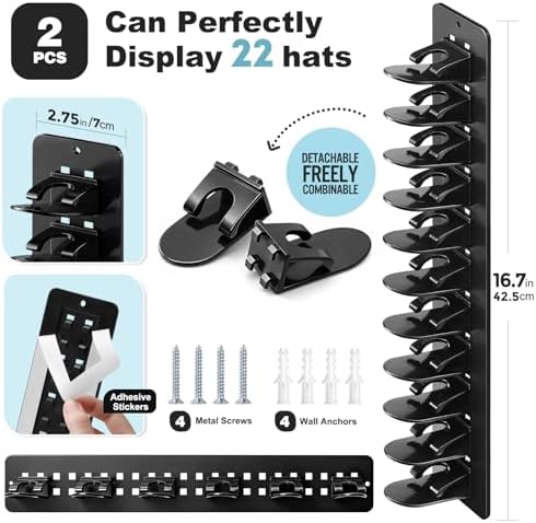 2 Pack Hat Organizer for Baseball Caps, Detachable DIY Hat Rack for Wall Hat Holder Hold up to 22 Hats, Baseball Cap Organizer Cap Holder Hat Hangers for Wall Closet Door Bedroom (C-Black) - Image 2