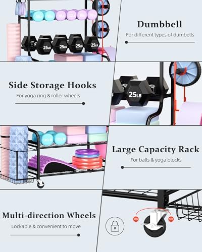 Mythinglogic Home Gym Storage Rack with Wheels for Dumbbells and Yoga Mats - Image 5