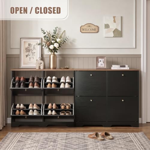 Nicetree Shoe Cabinet, 4 Flip Drawers Slim Black with Walnut Top Entryway - Image 5