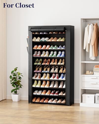 Kitsure 10-Tier Shoe Rack with Cover, Tall Shoe Shelf, 33" Wide, Black | Large Capacity Shoe Storage with Side Pocket, Shoe Organizer for Closet, Entryway, Bedroom, Zapateras Organizer - Image 7