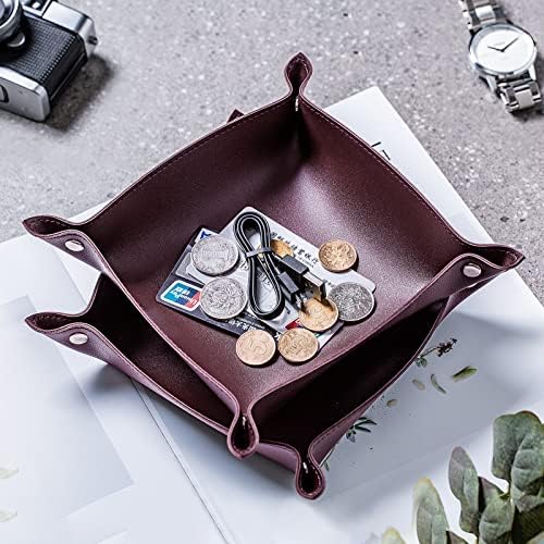 Leather Jewelry Valet Tray for Women and Man, Portable Entryway Table Tray Bedside Nightstand Desk Tray Small Catchall Travel Dish Plate for Key,Wallet,Watch,Coin(8x8, Deep Brown-B) - Image 6