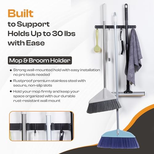 Stainless Steel Broom Holder Wall Mount, 3 Racks & 4 Hooks - Image 3