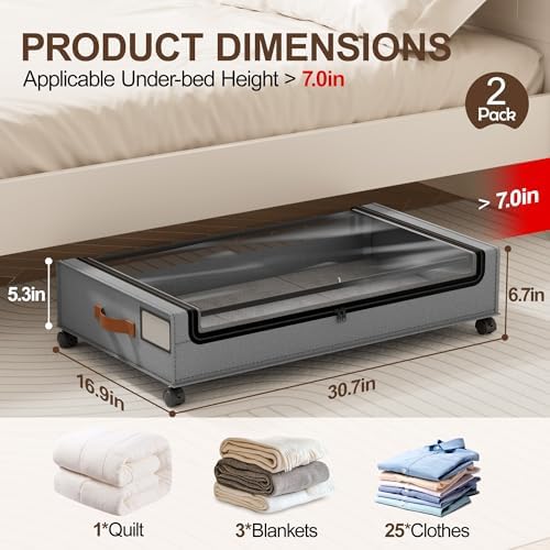 LAMU Under Bed Storage with Wheels, 2Pack Underbed Storage Containers, Grey | Smooth-rolling Wheels, Clear Lid & Label, Sturdy Metal Frame, Easy Install, Rolling Storage Drawers for Clothes, Shoes, Toys - Image 2