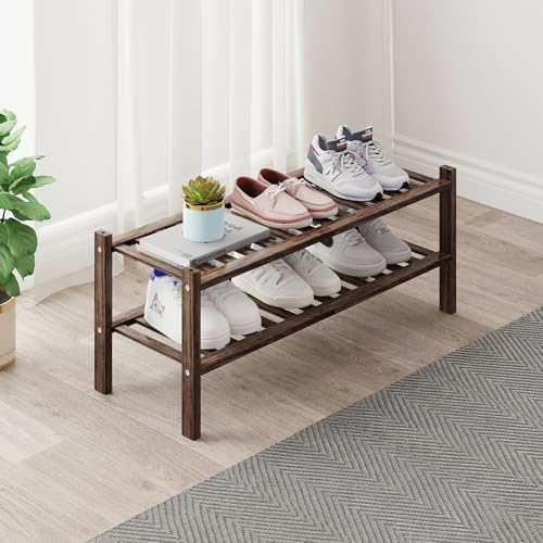 Bamboo Shoe Rack Organizer for Closet and Entryway - Space-Saving Narrow Shoe Stand - Versatile Shoe Holder for Door or Closet Shelf,Garage Bedroom can Freely Stack DIY Small Shoe Racks 2Tier Brown by ZHUTIANXIA