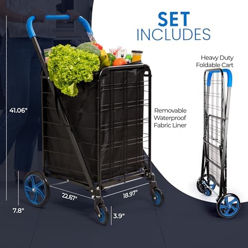 SereneLife Large Folding Utility Shopping Cart with Removable Liner – Heavy Duty, 360° Swivel Wheels, 110 lb Capacity, Portable for Groceries, Laundry, Luggage, and More (Blue) - Image 3