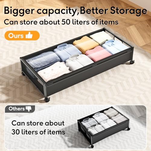 Under Bed Storage Containers with Wheels 2 Pack Underbed Shoe Storage Bedroom Storage Bins Organizer Large Capacity Under Bed Storage with Lid for Clothes Shoes Toys Blankets (Black) - Image 3