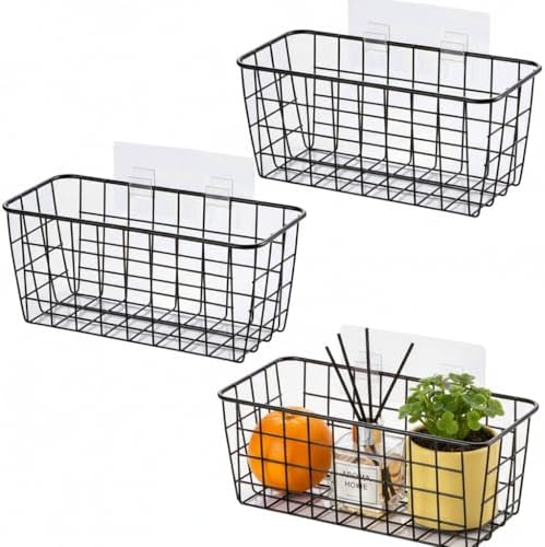 3 Set LeleCAT Adhesive Over the Cabinet Door Wire Baskets for Organizing for Kitchen Food Pantry Bathroom Shelf Storage No Drilling Wall Mounted,Black by HomeSpaceStorageBasket