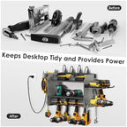 CCCEI Modular Power Tool Organizer Wall Mount Charging Station, Grey 6 Drills Holder with 8 Plug Power Strip 10FT, Garage Drill Battery Heavy Duty Metal Shelf, Utility Rack with Hooks, Side Storage. - Image 4