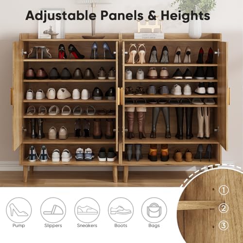 Smuxee Oak Shoe Cabinet with Line Groove Design, 6-Tier Shoe Storage Cabinet with Adjustable Shelves, Freestanding Shoe Organizer Cabinet for Entryway, Hallway, Closet, Living Room - Image 4