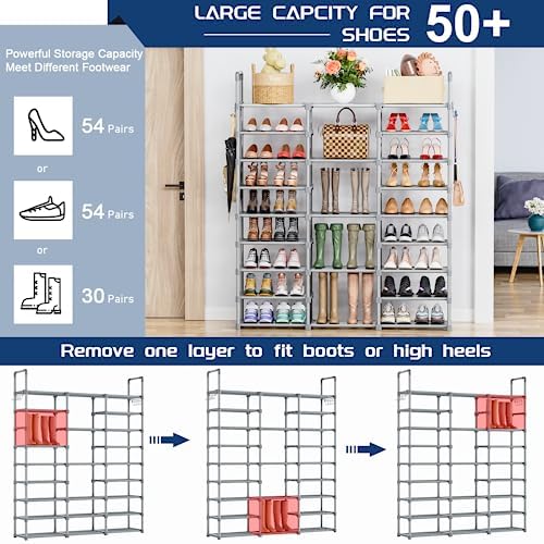 Mavivegue 9 Tiers Tall Shoe Organizer - Vertical Shoe Shelf for 50-55 Pairs, Stackable Racks for Entryway, Closet, Garage - Grey - Image 5