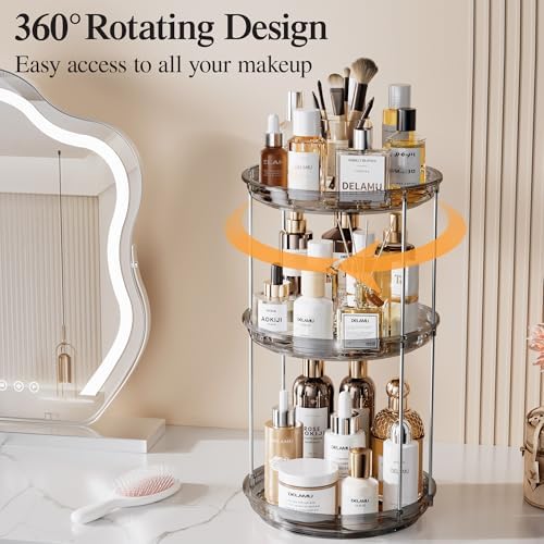 Delamu 3 Tier Rotating Makeup Organizer for Vanity, Skincare Organizer for Bathroom Counter, Spinning Perfume Organizer Cosmetic Holder with Large Capacity, Grey - Image 2
