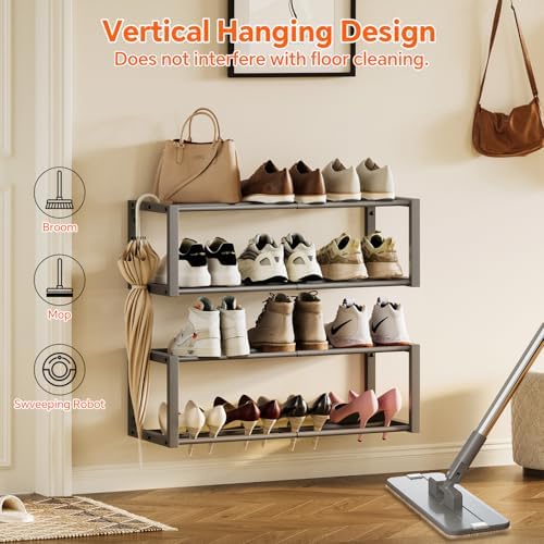 Homeiju Hanging Shoe Organizer,2 Pack Wall Mounted Shoe Rack Holds 12 Pairs,Space Saving Metal Wall Shoe Rack,Hanging Shoe Rack Shoe Holder for Small Space,Entryway,Closet,RV,Camper (Grey) - Image 5