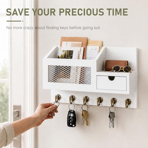 FifthQuarter Key Hanger Wall Mount with Drawer and 6 Sturdy Hooks, B-White - Image 6