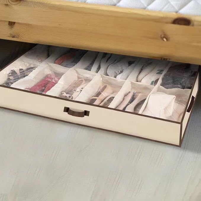 Men/Adults 12 Cells See Through Underbed Shoe Storage Bag Organizer with black and white flower (beige) - Image 5