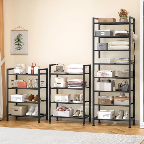 8 Tiers Narrow Shoe Rack 16-24 Pairs, Sturdy Metal Tall Shoe Rack with 4 Hooks, Slim Shoe Storage Organizer with Metal Shelf, Space Saving Vertical Shoe Shelf for Entryway, Closets, Black - Image 4