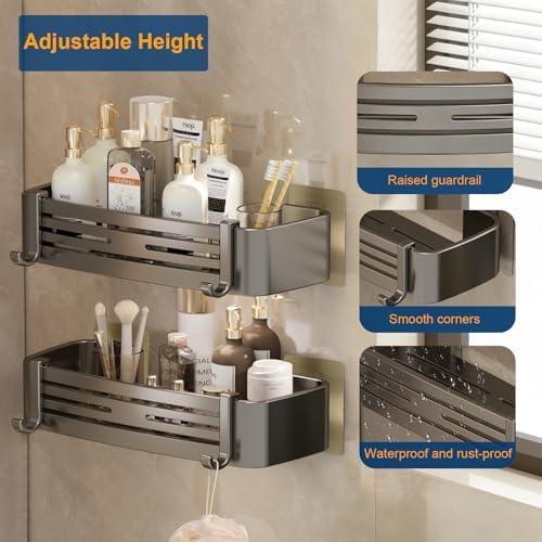 Shower Caddy, Adhesive Bathroom Shower Corner Organizer Shelves with Hooks, No Drilling Shower Shelves Organizer for Bathroom Kitchen 2 Pack - Image 4