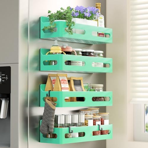 Sevenblue 4-Pack Magnetic Spice Rack for Refrigerator with Hooks, Green by Sevenblue