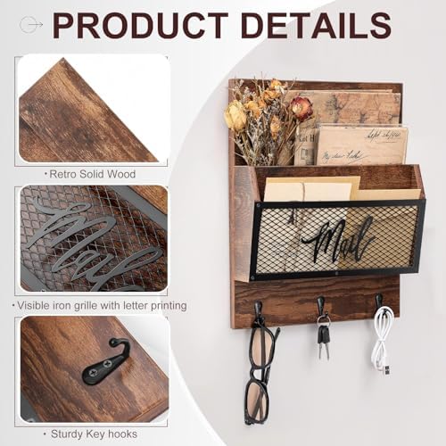 Yalikop Farmhouse Mail Organizer Wall Mounted Rustic Mail Holder Hanging Key Sorter with 3 Hooks Indoor Wooden Wall Mounted, Letter, Magazines, Newspapers, Keys(Classics,Brown) - Image 3