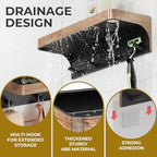 Shower Caddy Adhesive with 5 Hooks & Drainage, No-Drill, Wood - Image 4