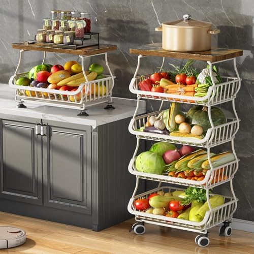 SAYZH 5-Tier Fruit and Vegetable Basket Stand for Kitchen, Wood Top, White by SNTD