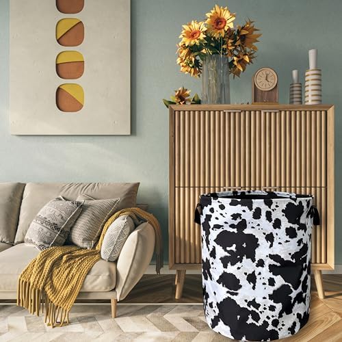 Black White Cows Print Laundry Basket Oxford Cloth Hamper 18.9x16.5Inch - Image 7