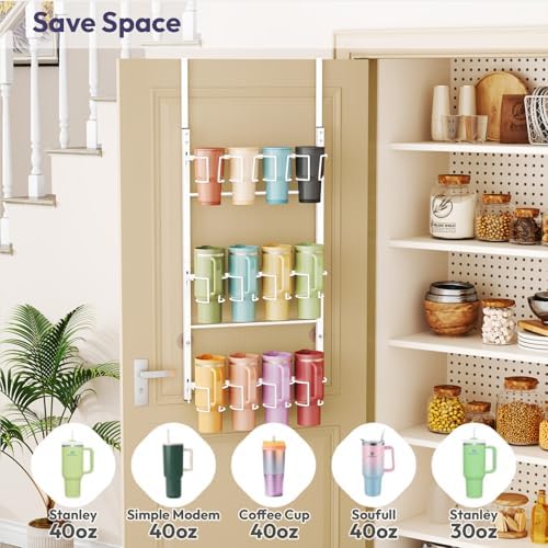SWTYMIKI 3-Tier Water Bottle Organizer – Over the Door Stanley Cup Holder, Cup Organizer for Door or Wall Mount Option, Stanley Accessories for Pantry, Dorm, Office, RV Use, White - Image 2