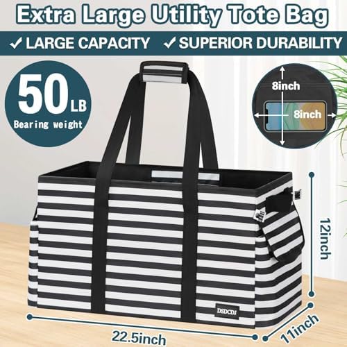 Standing Extra Large Utility Tote Bag with Hard Bottom & Hard Sides, Heavy Duty Reusable Grocery Bags with Handles & 3 Pockets for Shopping, Picnics, Camping, Laundry, Car, Beach Tote Bag - Image 3