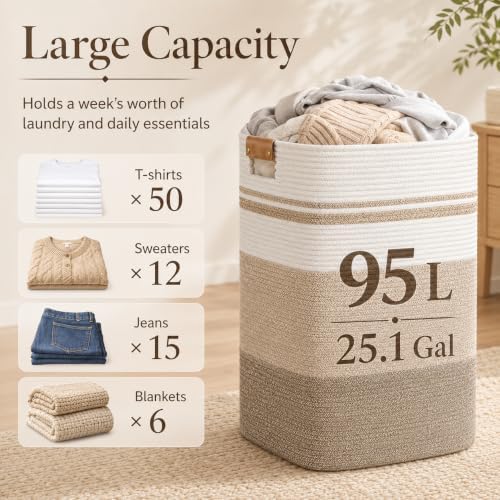 Laundry Hamper, Cotton Rope Laundry Basket with Leather Handles, 25.1-Gallon/95 L Large Clothes Hampers for Laundry, Woven Laundry Baskets for Blankets, Clothing, Bedroom, Living Room, Nursery - Image 4
