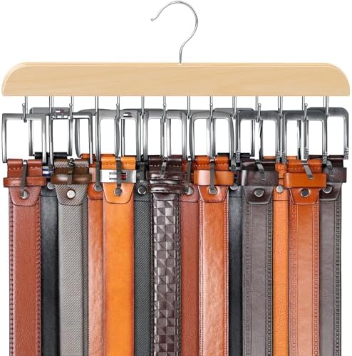 Belt Organizer with 14 Hooks, Sturdy Wood Belts Rack Closet Accessories by RESOVO