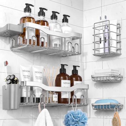 NESOMI Shower Caddy Adhesive Shower Organizer 7-Pack, Rustproof Stainless Steel Bathroom Shelves, Large Capacity No-Drill Rack Storage Accessories with Soap Dish Toothbrush Holder Hooks by OrganizeYourHomeEssentials