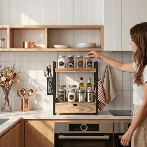 2-Tier Bathroom Counter Organizer with Drawer Basket and Hooks, Wood Bathroom Organizers and Storage for countertop, Farmhouse Brown Countertop Organizer, Counter Shelf for Vanity, Kitchen, Office - Image 5