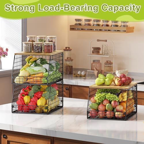 Jakyitvi 4 Pack Stackable Wire Baskets with Fixed Wooden Top, Vegetable Fruit Storage Bins for Onion Potato Snack, Pantry Baskets for Kitchen Cabinet Countertop, Pantry Organizers and Storage Rack - Image 2