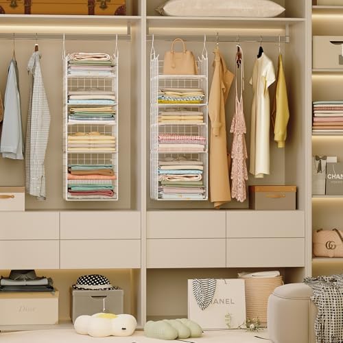 X-cosrack Closet Hanging Organizer and Storage - 5 Tier Hanging Shelves, Wire Closet Shelf Organizer Basket with Adjustable Dividers for Home Clothing Sweaters Shoes Handbags - Image 4