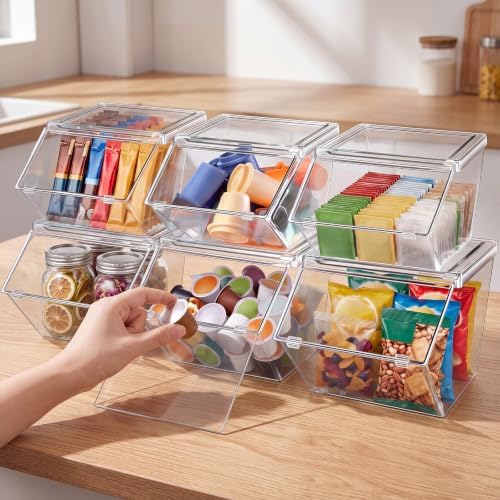 Yerliker 6 Pcs Clear Plastic Storage Bins with Lids Stackable Pantry Storage Organizer Kitchen Cabinet Organizers Ideal Containers for Coffee Pod Tea Sugar Bag Cabinet Home (Large+extra Large) - Image 3