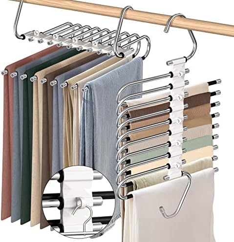 9 Layers Pants Hangers Space Saving Non-Slip Closet Organizer 2 Pack | Metal Space Saving Hangers Multi-Layer Multifunctional Rack Closet Organizers and Storage for Skirts Jeans Trousers(White) by Besslly