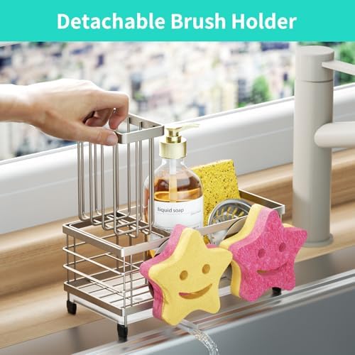 HapiRm Sink Caddy Sponge Holder - Self-draining Kitchen Sink Organizer with Smiley Face and Brush Holder, Stainless Steel Kitchen Sponge Caddy for Countertop - Brushed Nickel - Image 4