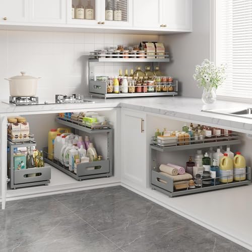 Under Sink Organizer Upgrade To Professional Rails,2-Tier Dual Pull Out Cabinet Storage,Height Adjustable Slide Out Drawers For Bathroom Kitchen,2 Pack-21"Dx12.8"-16.9"H,Gun Gray - Image 7