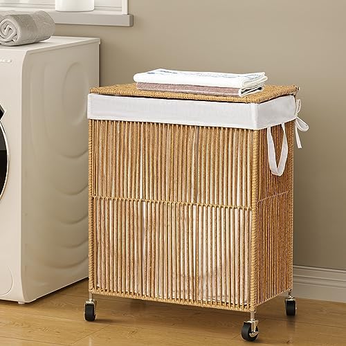 WOWLIVE Rolling Laundry Basket Wheels, Handwoven Laundry Hamper with Lid - Image 3