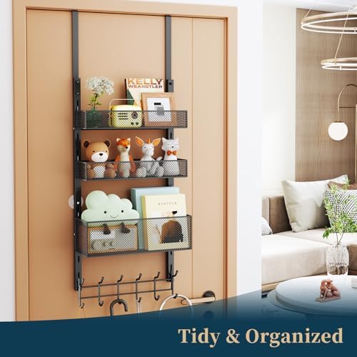 Consumest Over The Door Hooks Organizer - 4 Tier Door Coat Rack with 3 Baskets & 12 Hooks, Stainless Steel Towel Hanger for Bedroom, Bathroom, Living Room, Black - Image 5